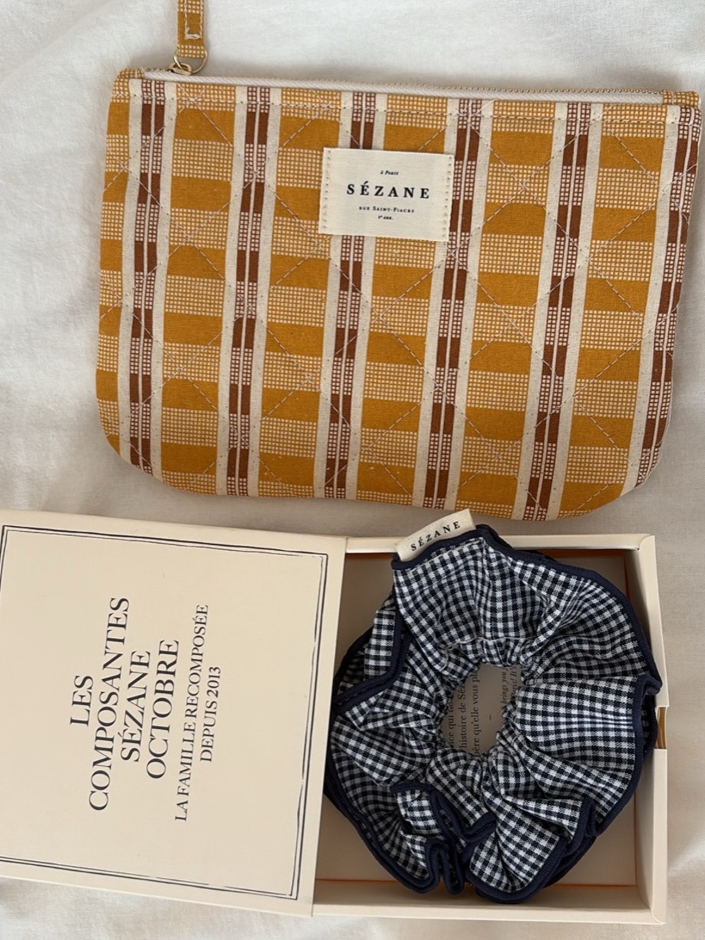 NEW Sezane Pouch Bag & Maxi Gingham Scrunchie Set